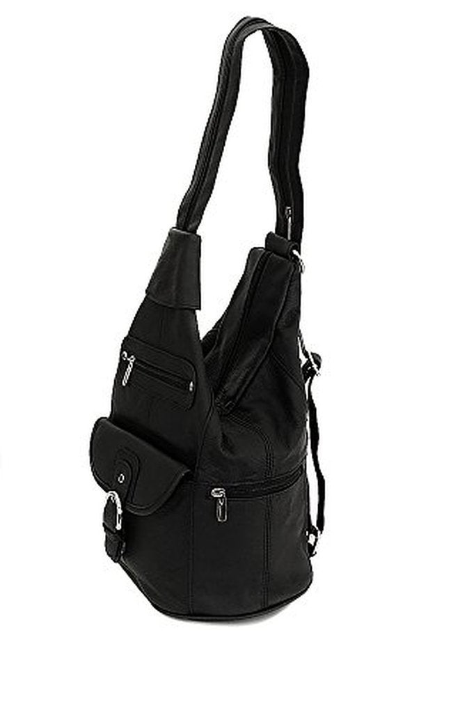 Womens Leather Convertible 7 Pocket Medium Size Tear Drop Sling Backpack Purse Shoulder Bag, Black