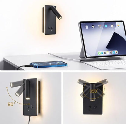 MOLUOLA LED Wall Lamp Wall Mounted Reading Lights Set of 2, Adjustable Headboard Plug in Wall Sconce with USB C+A Ports, Headboard Bedside Lamp with 9W+3W Night Light 3000K (Black)