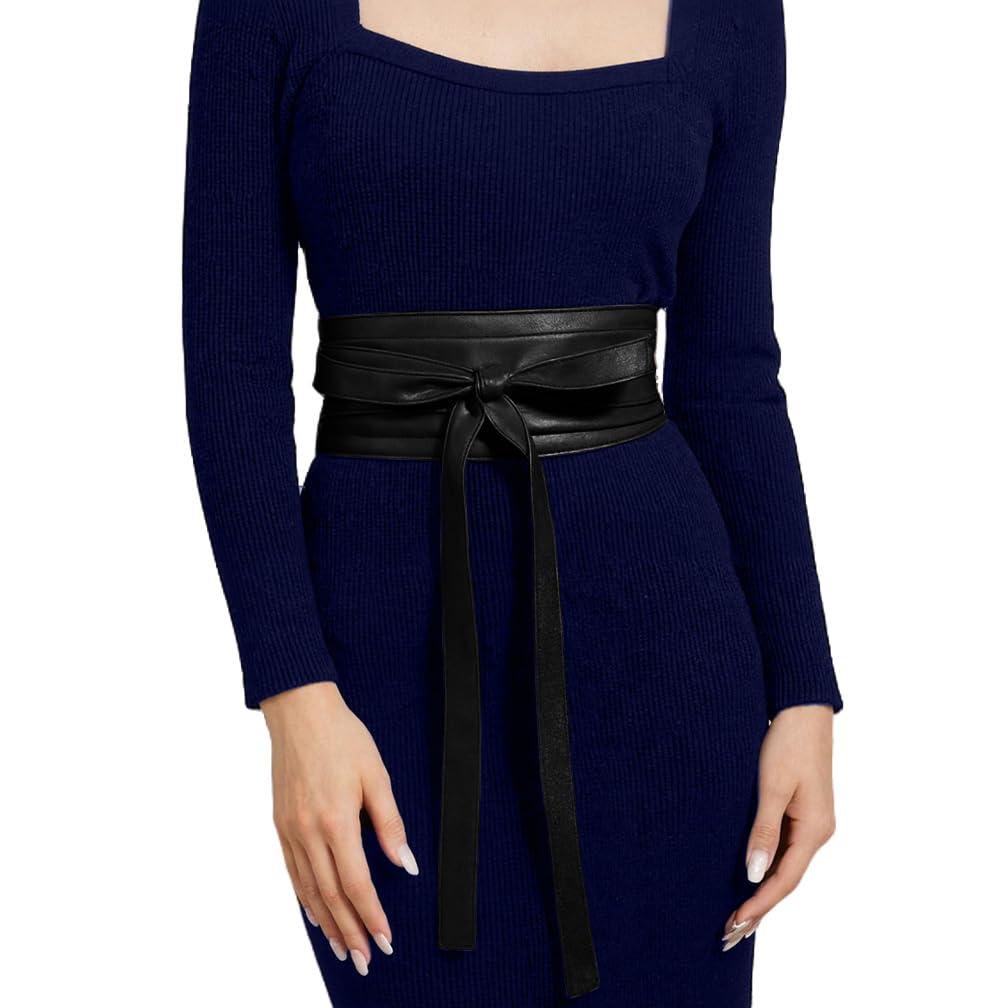Fuimsul Women Elegant Pu Leather Obi Belt Fashion Solid Color Faux Leather Wide Waistband Tie Knotted Belt for Dress (Black)