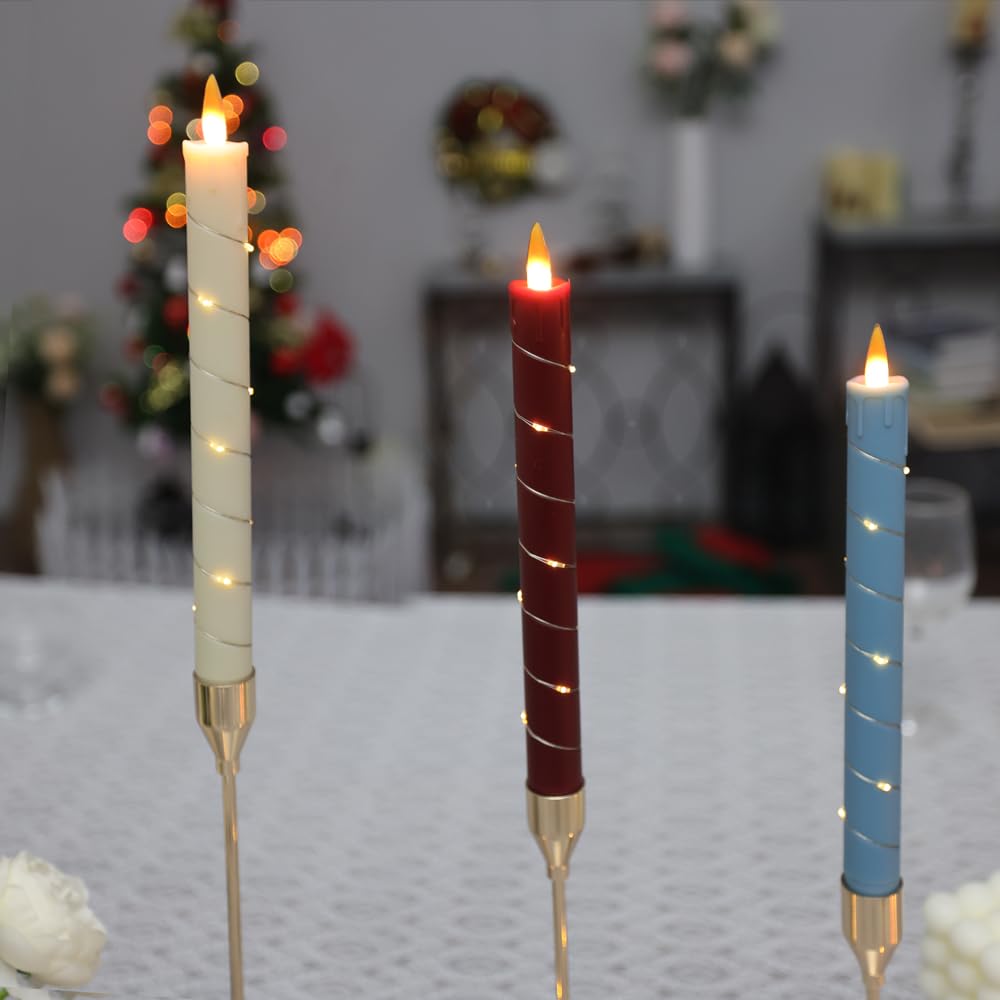Flameless Cone Candle with Built-in Star String Light, 11-Button Remote Control, Timer, Battery Powered, Simulated Flame, 3-Pack Window Candle, Christmas Home & Wedding Decoration (White, red, Blue)