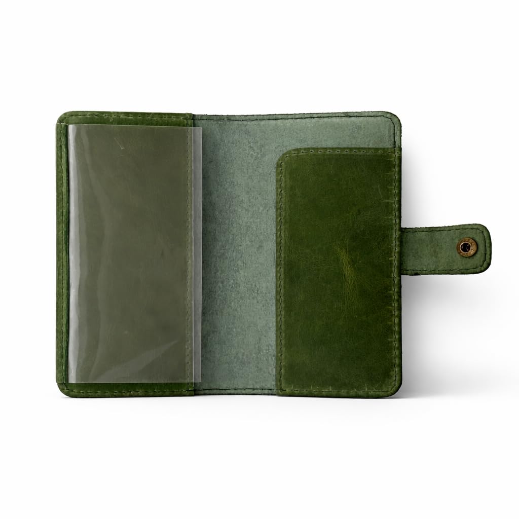 TheAntiq Genuine Leather Checkbook Cover Green - Handmade Check Holder with Divider & ID Window, Slim Organizer Wallet for Business, Travel & Everyday Use, 3.5 x 7 in