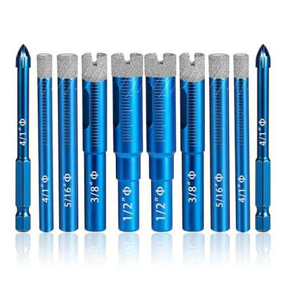 Diamond Drill Bits Set 8PC and 2PC 4-Edge Cross Drill for Versatile Ceramic Drill bit Granite, Hard Tiles Marble, Masonry, Concrete, Glass, Dry Precise Drilling