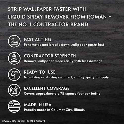 Roman Wallpaper Remover Liquid Spray, Contractor Strength Wallpaper Stripper and Adhesive Remover, Unscented, Non-Staining, Clear, PRO-496 (32 Ounce, 75 Sq. Ft.)