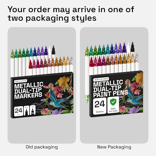 ARTISTRO 24 Metallic Acrylic Paint Markers - Paint Pens for Drawing, Brush + Fine Tips - For Fabric, Rock, Glass, Wood, DIY - Art & Craft Supplies for Adults, Teens, Kids - Teacher Appreciation Gift