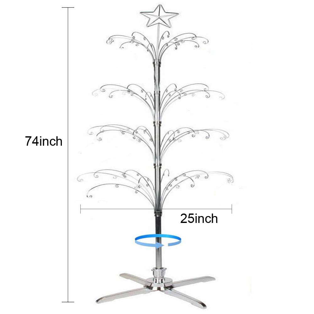 HOHIYA 74” Rotating Ornament Display Tree with 90 Hooks Heavy Duty Metal Christmas Ornament Stand Chrome Silver Holiday Display Rack Christmas Tree Alternative