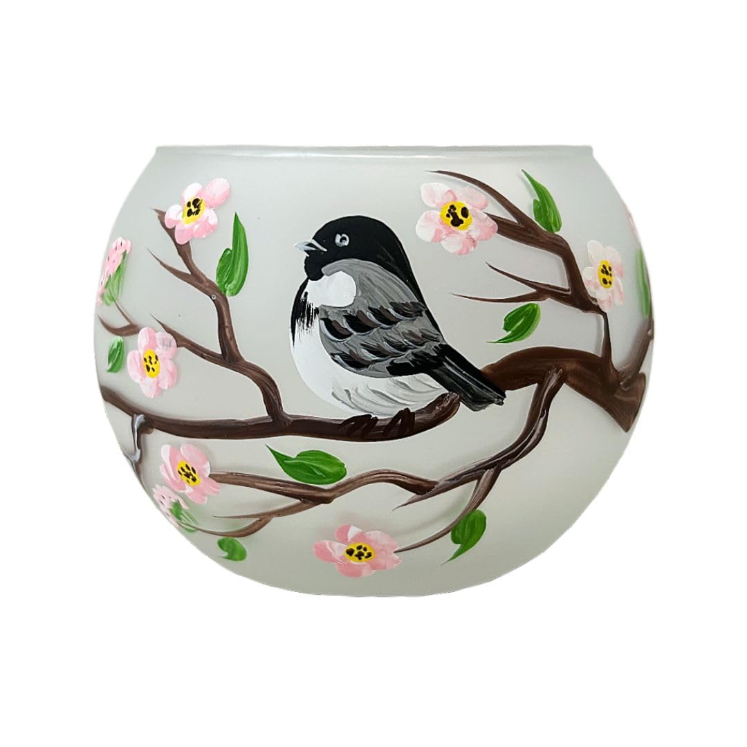 Decorvo Christmas Tea Light Candle Holder Glass - Hand Painted Mouth Blown Glass Candle Holder - Medium, Chickadee