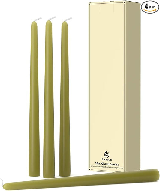 10-Inch Tall Dripless Taper Candles Set of 4 - Olive Green Tapered Candles, Perfect for Halloween - Smokeless, Unscented, Long Burning - Hand Poured, Colored Tall Candlesticks - Oliva