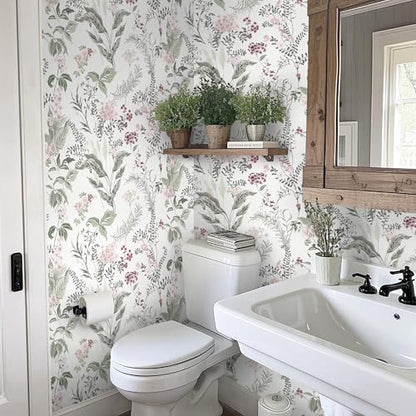 Vinjiasin Peel and Stick Wallpaper Boho Wallpaper Floral Contact Paper Colorful Pink Flower Leaf Self Adhesive Removable Wall Paper for Bathroom Bedroom 16.1" x 78.7"