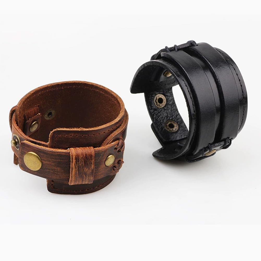 CALFOVERA Brown Punk Genuine Leather Wrap Wristband Gothic Wide Cowhide Leather Cuff Bracelet Adjustable Handmad Bangle Arm Armor with Snap Button Clasp for Men Women Halloween Costume Party