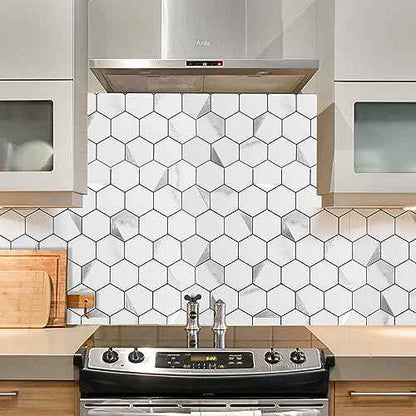 Hexagon Peel and Stick Backsplash Tile,12x12 inches Marble White Mixed Silver Metal 3D PVC Wall Tiles Stick on Backsplash for Kitchen and Bathroom Sample