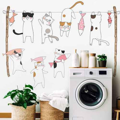 Removable Cartoon Animal Cats Wall Stickers Laundry Room Cats Clothes Hanger Fish Wall Decals Stickers for Girls Bedroom Decal Kids Nursery Sticker Bathroom Wall Art Decoration
