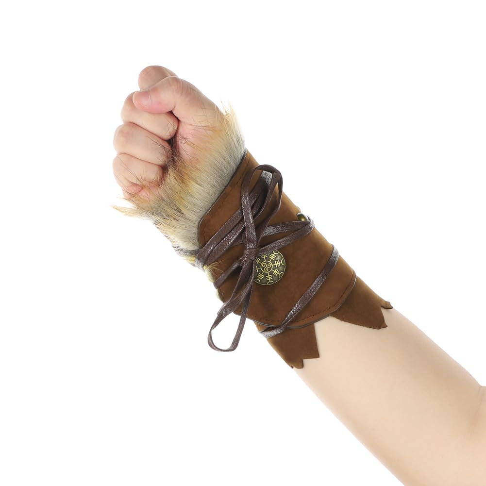 Medieval Faux Fur Wrist Guards Leather Arm Wraps Renaissance Viking Wrist Bands Archery Knight Warrior Gauntlets Wristband Costume Brown