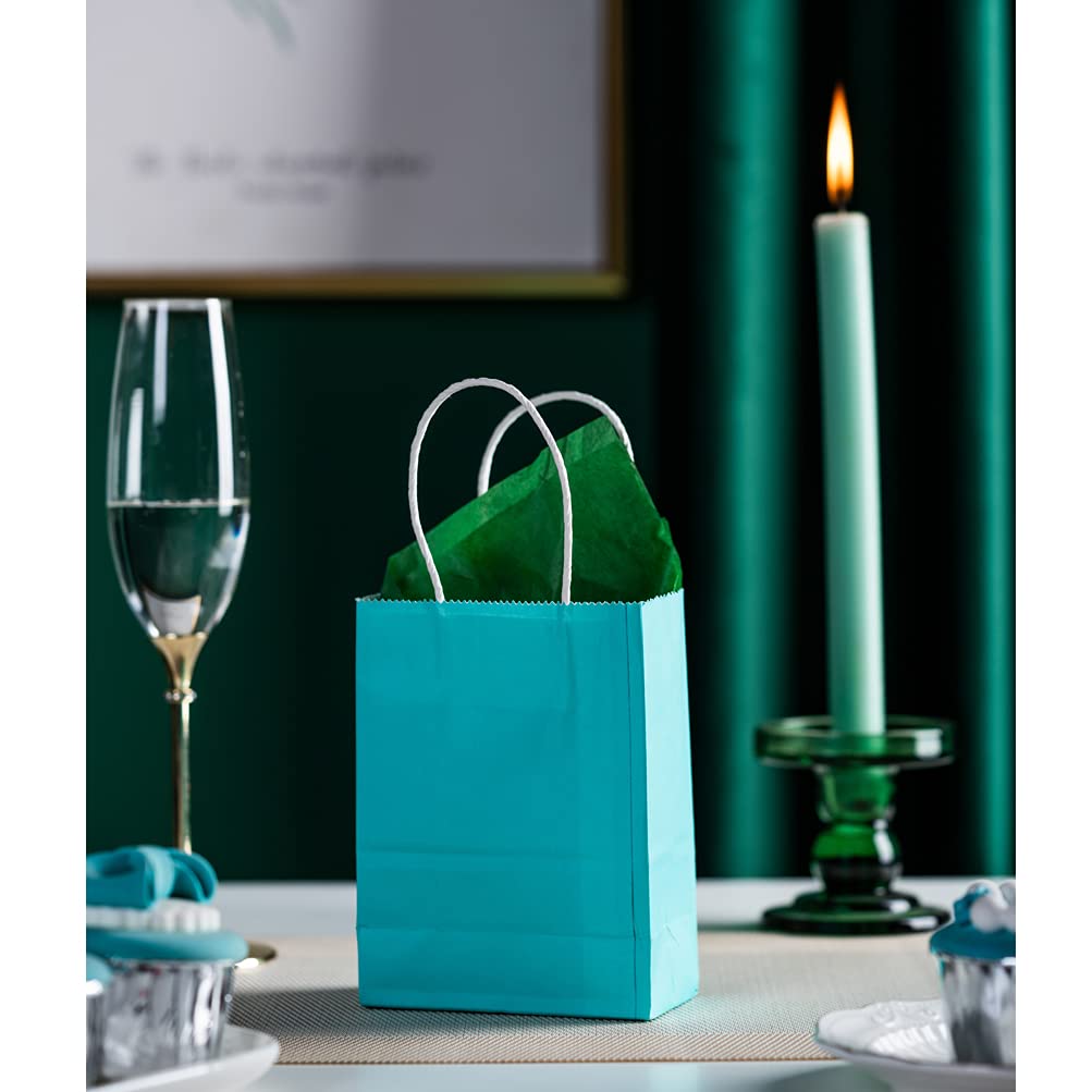 AWELL Mini Size Turquoise Blue Paper Bag with Handle Bulk Party Favor Bag 6x4.5x2.5 inch for Graduation Baby Shower Birthday Christmas Recycled Bag, 50 Counts