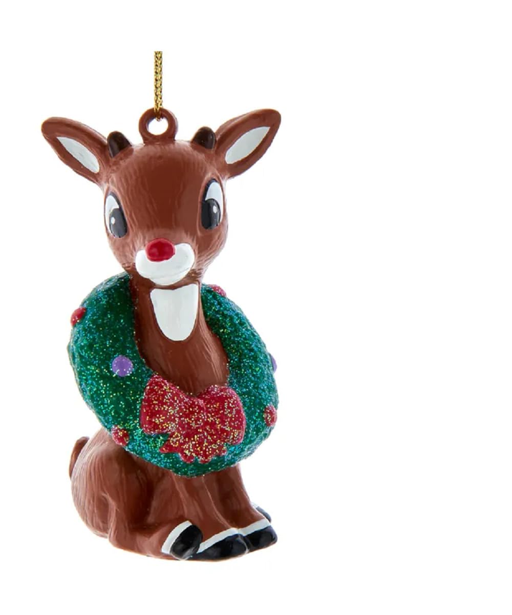 Kurt Adler Rudolph The Red Nose Reindeer with Wreath Ornament 3 Inch Multicolor