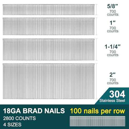 18 Gauge Brad Nails 304 Stainless Steel 18 GA Nail Gun Nails Assorted and Small Finishing Nails for Pneumatic, Electric Brad Nailer (Assorted Sizes)