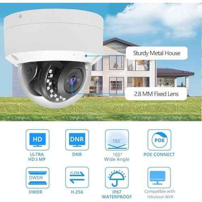 Real HD 5MP Vandal PoE IP Camera Outdoor, 2.8mm Wide Angle, H.265, 65ft IP67 Waterproof, Must Work with a NVR, Does not Work by Itself.
