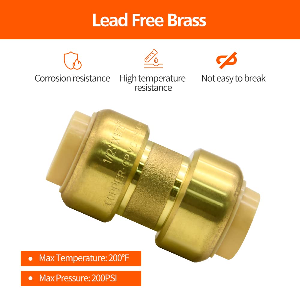 2/6/12 Pack Push-to-Connect Plumbing Fittings, 1/2" Pushfit Straight Fittings with Disconnect Clip for Copper, PEX, CPVC Pipe (1/2" Straight, 2)