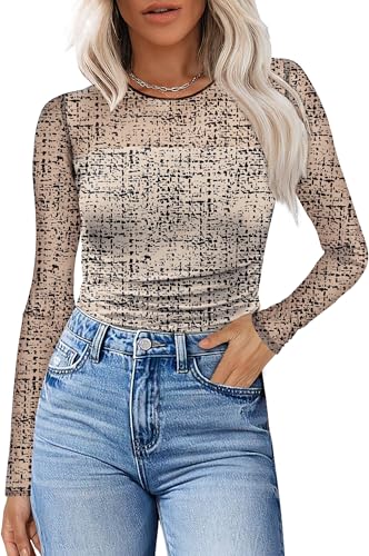 XIEERDUO Women's Sexy Sheer Long Sleeve Tops Crew Neck Mesh Ruched Going Out Shirts Blouse Date Night Outfits