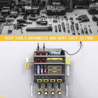 Drill Holder Wall Mount with 8-Outlet Charging Station, 190lbs Load 4 Layers Carbon Steel Heavy Duty Power Tool Organizer Wall Mount for Garage & Workshop, 4 Drill Holders, Modular Pegboard Rack