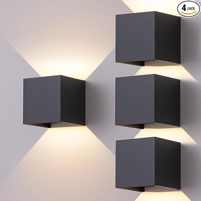 4 Pack Outdoor Wall Sconces Exterior/Interior LED Wall Lights,Square Modern Wall Sconce Fixture Set, Up and Down Lights IP65 Outdoor Waterproof Lights, 12W Warm Light 3000K Wall Light.