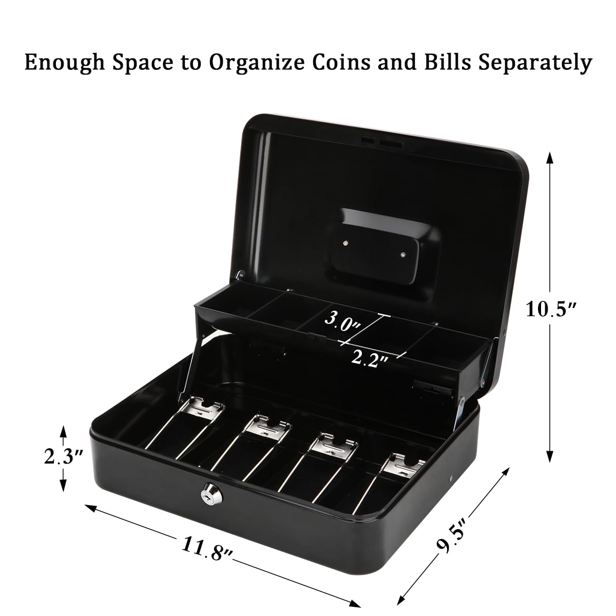 Jssmst Large Cash Box with Money Tray and Lock - Safe Box for Cash Saving Key Lock Money Organizer Box, 11.8L x 9.5W x 3.5H Inches, Black, SM-CB0501L, XLarge