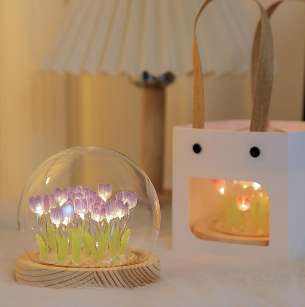 (20 Flower) Assembled Tulip Lamp Night Light with Glass Dome, Cool Handmade Artificial Flower Table Lamp Bedroom Desk Decoration for Women Girlfriend Sister Besties Birthday Christmas Gift (Purple)