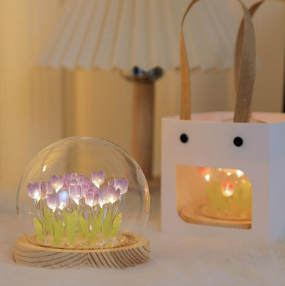 (20 Flower) Assembled Tulip Lamp Night Light with Glass Dome, Cool Handmade Artificial Flower Table Lamp Bedroom Desk Decoration for Women Girlfriend Sister Besties Birthday Christmas Gift (Purple)