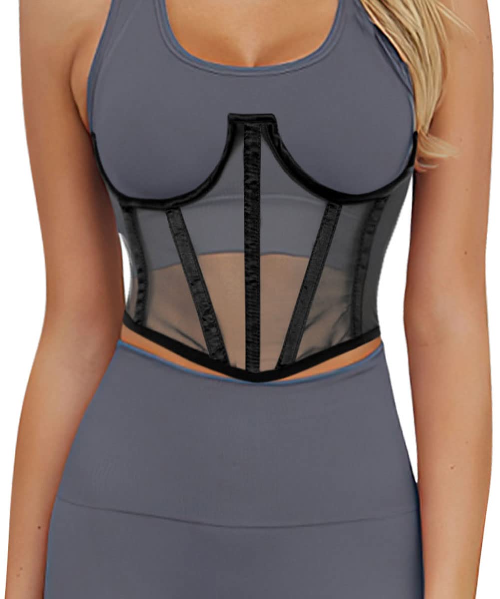 TOPMELON Black Corset Belt Waist Cincher Boned Mesh Underwire Short Torso Underboob Corset XL