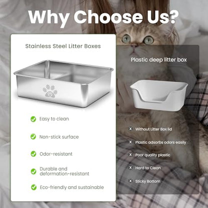 PWTAA Stainless Steel Cat Litter Box High Side Cats Toilet Metal Kitten Litter Pan, Pet Cleaning Tool for Big and Small Cats, Rabbits, Splash-Proof and Non-Stick Cat Poop Box odorless 23.6"x15.7"x5.9"