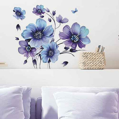 Blue-Purple Ink Daisy Violets Flower Wall Stickers, sacinora Butterfly Floral Art Wall Decals Removable Vinyl Peel and Stick for Living Room Bedroom Nursery Children's Room Decorations