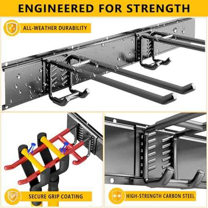 Garage Tool Organizer Wall Mount, 32inch Heavy-Duty Garage Storage System and Garden Tool Organizer with 4 Adjustable Hooks for Shovel, Snowboard, Yard Tools and Shed