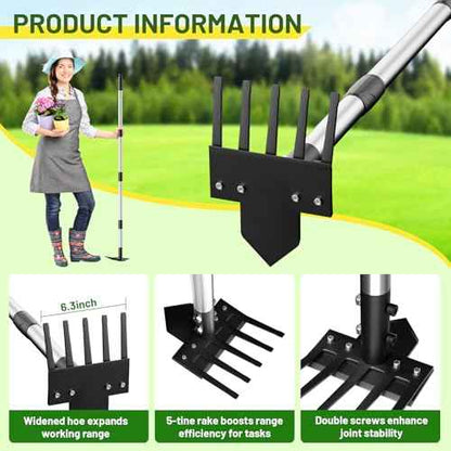 2-in-1 Heavy-Duty Weed Puller Tool with 5-Tine Rake ? 30" to 60" Adjustable Handle, Hoes for Gardening, Hoe Garden Tools for Loosening Soil, Planting, Weeding