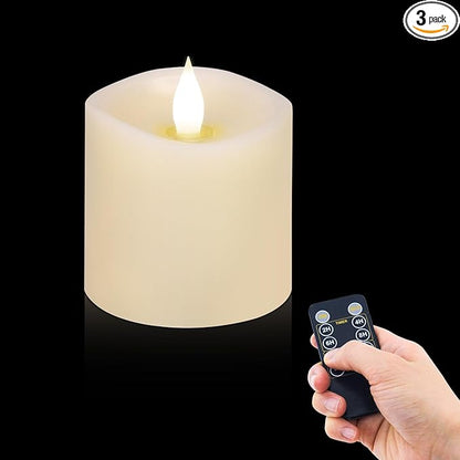 3x3 Flickering Flameless Candles, Real Wax LED Battery Operated Candles, 3 inch Flameless Candles with Remote,for Wedding Holiday Home Decor,Ivory