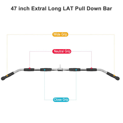 47In LAT Pull Down Bar Attachment: Heavy Duty Lat Pulldown Bar with Full Rotation & Rubber Handle for Gym Home Pulley Cable Attachments