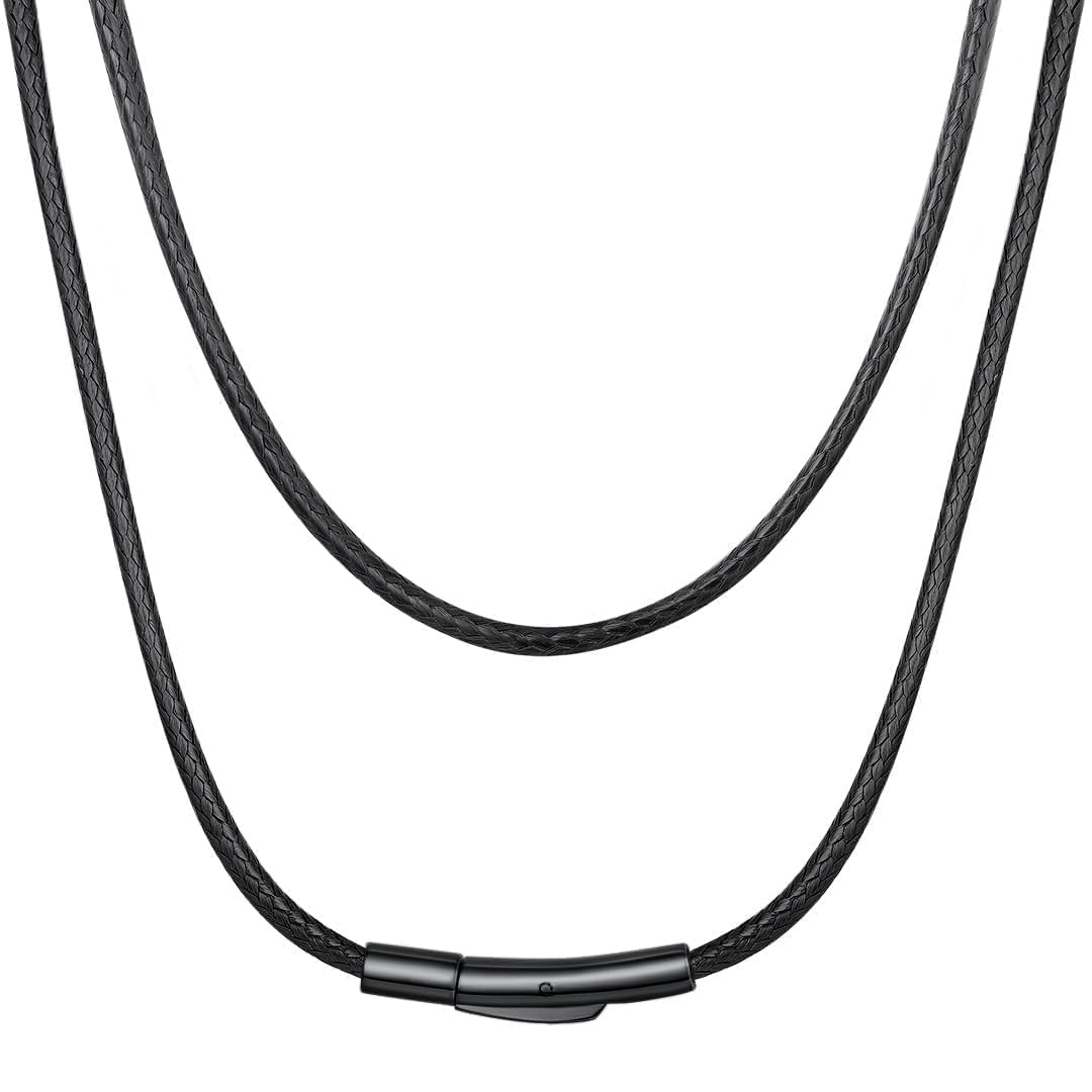 ChainsHouse Braided Leather Necklace for Men, 2MM 18 Inches Black Leather Cord Necklace with Clasp, Waterproof Mens Jewelry Gift