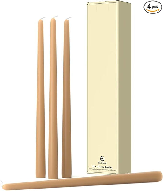 12-Inch Tall Dripless Taper Candles Set of 4 - Beige Tapered Candles, Perfect for Christmas - Smokeless, Unscented, Long Burning - Hand Poured, Colored Tall Candlesticks - Beige