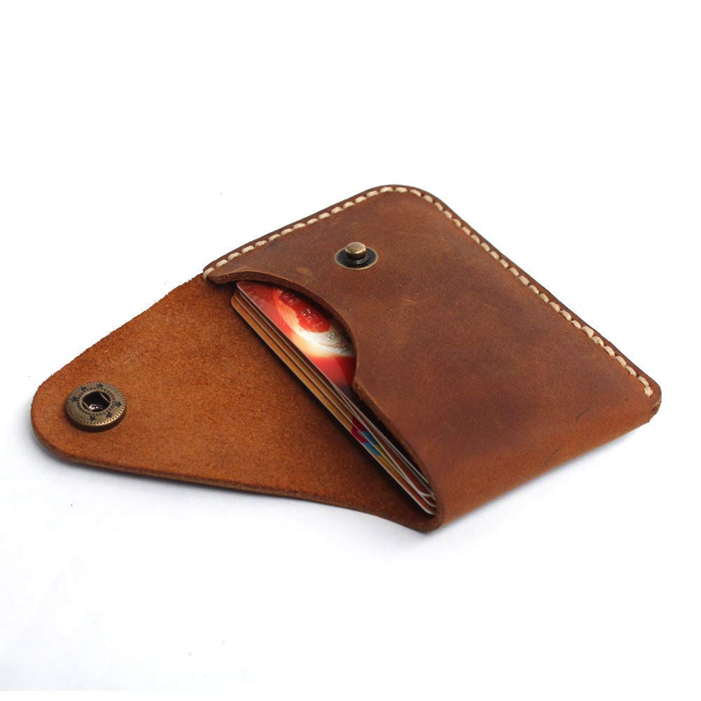 Handmade Genuine Leather Card Holder with Snap Closure - Ultra Slim Minimalist Wallet, Hand-Stitched Compact Front Pocket Card Case for Men & Women (Brown)