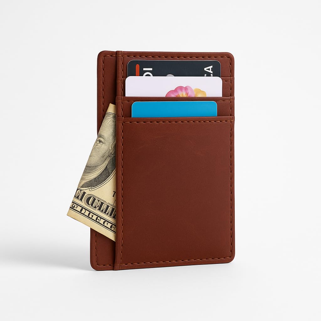 PavinCrafter Slim Leather Wallet for Men & Women – Minimalist Front Pocket Card Holder, Small Money Clip Wallet, Genuine Leather Credit Card Case (Tan)