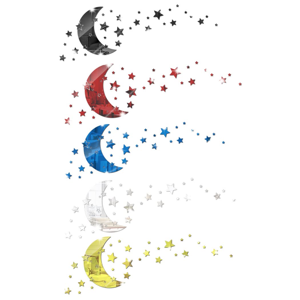 Moon and Stars Mirror Wall Stickers, Removable Acrylic Crescent Moon and 146 PCS Stars Wall Mirror Stickers Decals, 3D Moon Star Art Wall Decoration for Baby Kid Bedroom Living Room Ceiling (Silver)