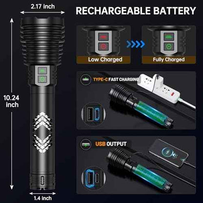 Rechargeable Flashlights 6000.000 High Lumens, Super Bright LED Flashlight with Long Handle, Large Capacity Battery, Zoomable & 6 Modes, Waterproof Handheld Flashlight for Camping Emergencies Home