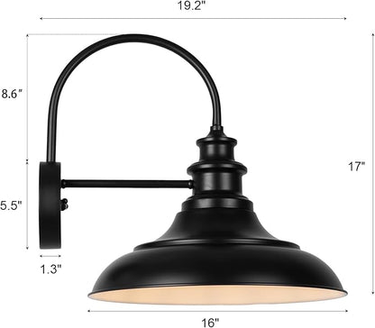 Dusk to Dawn Sensor Outdoor Barn Light Fixtures, 16 Inch Dome Farmhouse Outdoor Wall Sconces, Rustic Gooseneck Exterior Wall Mount Lights, Industrial Black White Lanterns for Porch, 2 Pack