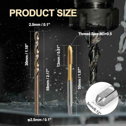 Metric Tap & Drill Bit Set, 2Pcs M3¡¿0.5 HSS 6542 Spiral Point Taps & 2Pcs 2.5mm M35 Cobalt Twist Drill Bits, for Metalworking, Automotive, Electronics & DIY Projects