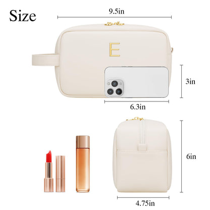 CLOUDWINGS Personalized Gifts for Women Girls - Customized Gifts for Mom Bridesmaid Graduation Friend, Initial Makeup Bag Cosmetic Bag with Large Capacity, PU leather Travel Toiletry Bags (Beige, E)