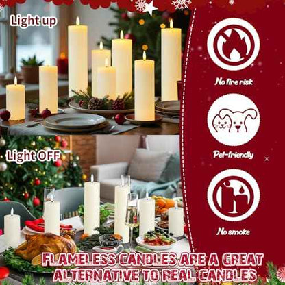 Retisee 8 Pcs Christmas LED Flameless Pillar Candles with Remote Battery Operated 3D Wick Flickering Fireplace Candle Indoor Decoration for Fall Christmas Winter, Ivory (4,6,8,and 10 Inches)