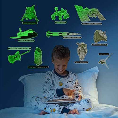 Glow in The Dark Space Craft Wall Stickers Peel and Stick - 10 Large Bright Spaceship Wall Decals for Bedroom and Ceilings - Glow in The Dark Stars Accessory Decoration for Boys and Girls