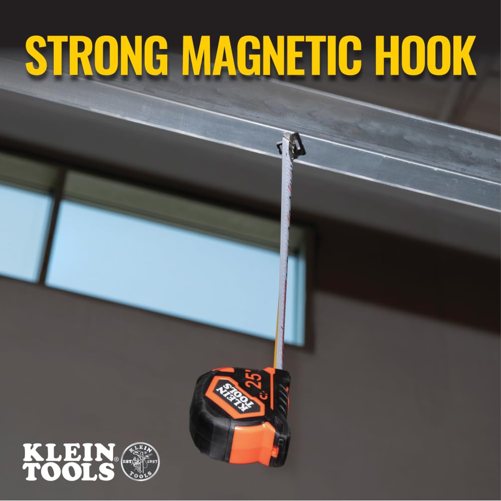 Klein Tools 9225 Tape Measure, Heavy-Duty Measuring Tape with 25-Foot Double-Hook Double-Sided Nylon Reinforced Blade, with Metal Belt Clip
