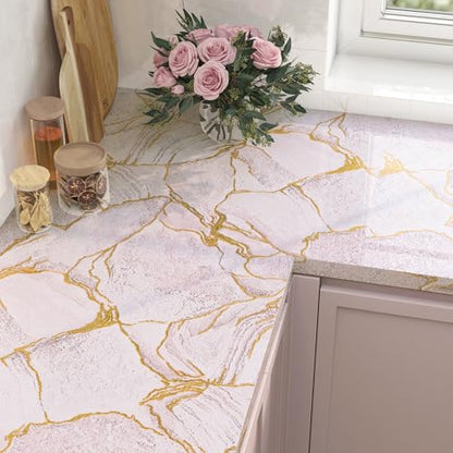 LACHEERY Pink and Gold Marble Contact Paper for Countertops Waterproof Glossy Pink Marble Wallpaper Peel and Stick Countertops Kitchen Vinyl Wrap for Countertop Cabinets Counter Top Covers 15.8"x79"