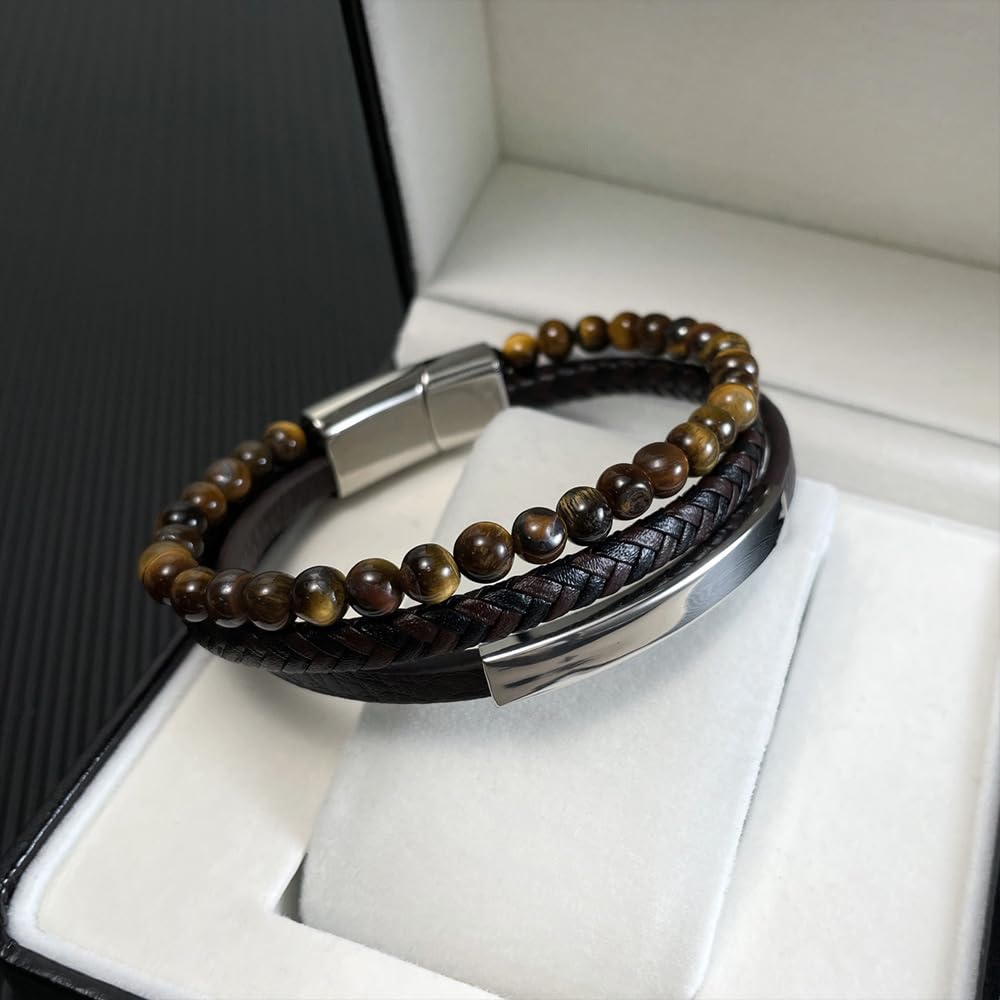 Kim Carrey Italian Handmade Genuine Leather Multi-Layer Cuff Bracelet for Men with Stainless Steel Clip, 8.2" Tiger Eye