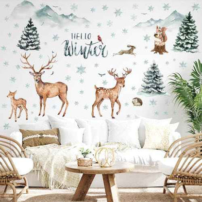 Kajaia Winter Christmas Forest Deer Wall Decals Stickers Woodland Pine Tree Animal Wall Decals Peel and Stick Snowflakes Rabbit Mountain Birds Stickers for Xmas Living Room Holiday Decor