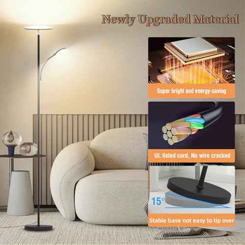 Floor Lamp, 2025 Upgraded 42W 4500LM Super Bright LED Floor Lamp with Rotatable Reading Light, Touch Remote Control & Memory Function, Stepless Dimmable Standing Lamp for Living Room Bedroom, Black